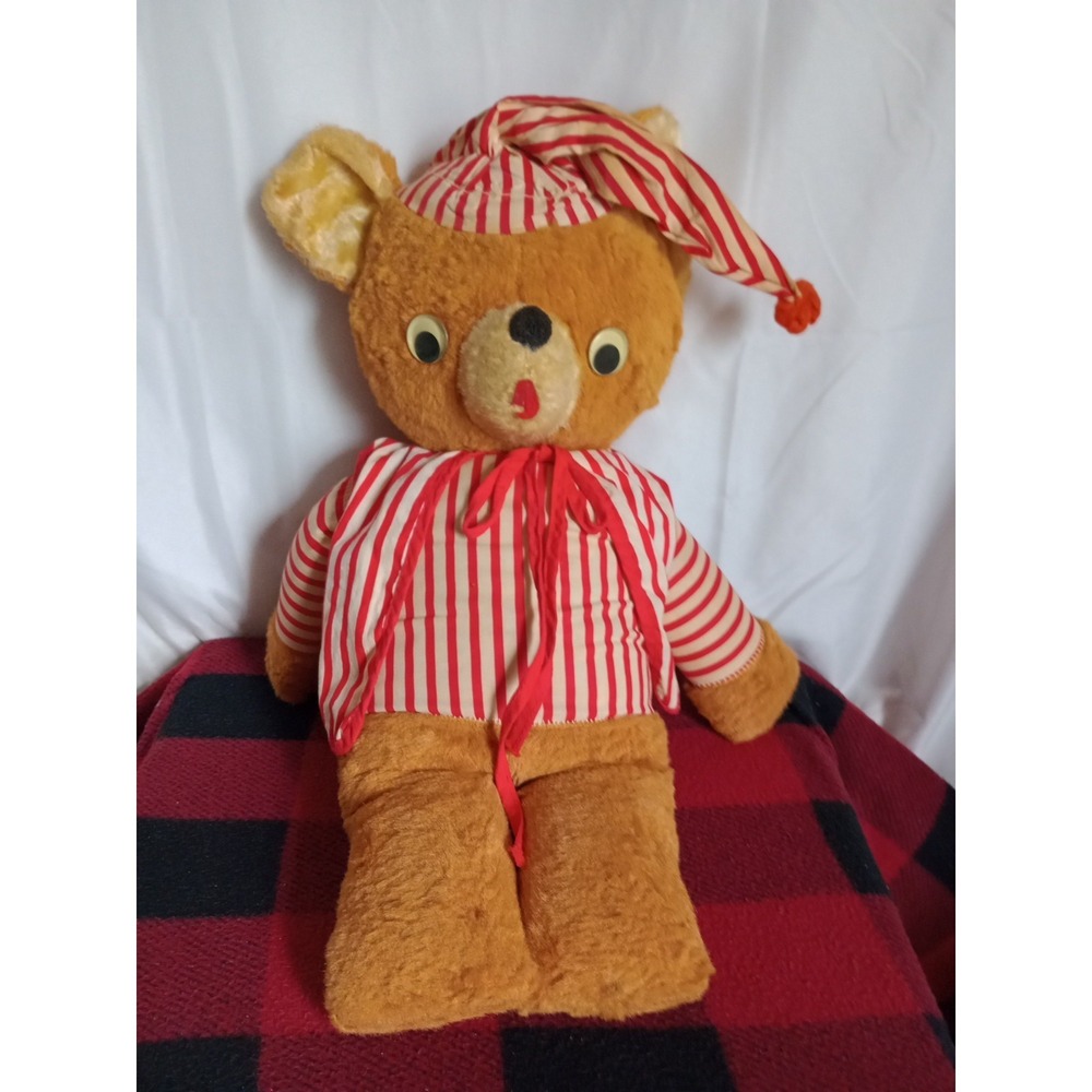Vintage 17" Teddy Bear in Red & White Stiped PJs Pajamas Plush Toy Doll 1960's